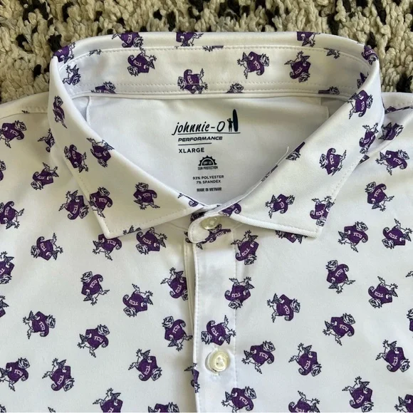 Johnnie-O Polo Shirt TCU Logo All Over Print White Purple Short Sleeve Men’s XL - Picture 4 of 15